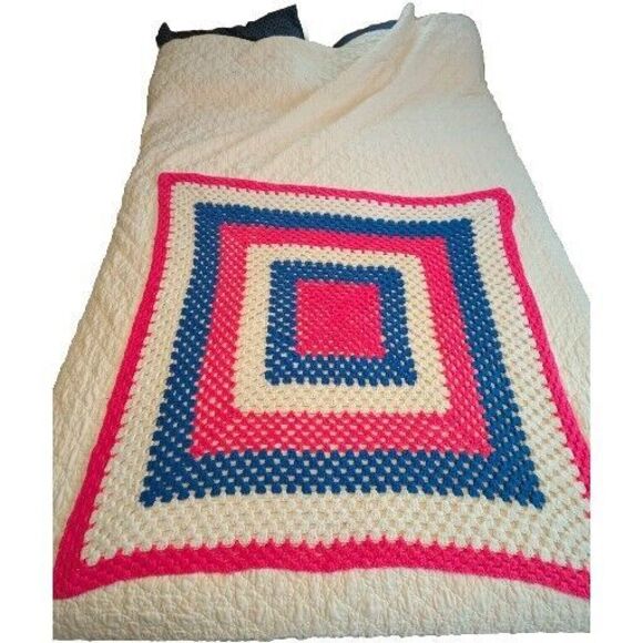 Hand Crocheted Baby Afghan Crib Blanket Pastel Handmade Pink Blue Squared - Picture 5 of 5